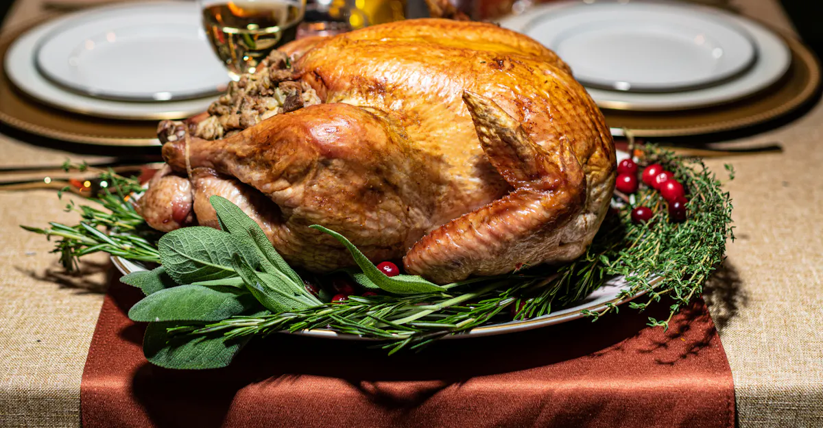 Roasted Jaindl Farms turkey on a platter with herbs and cranberries
