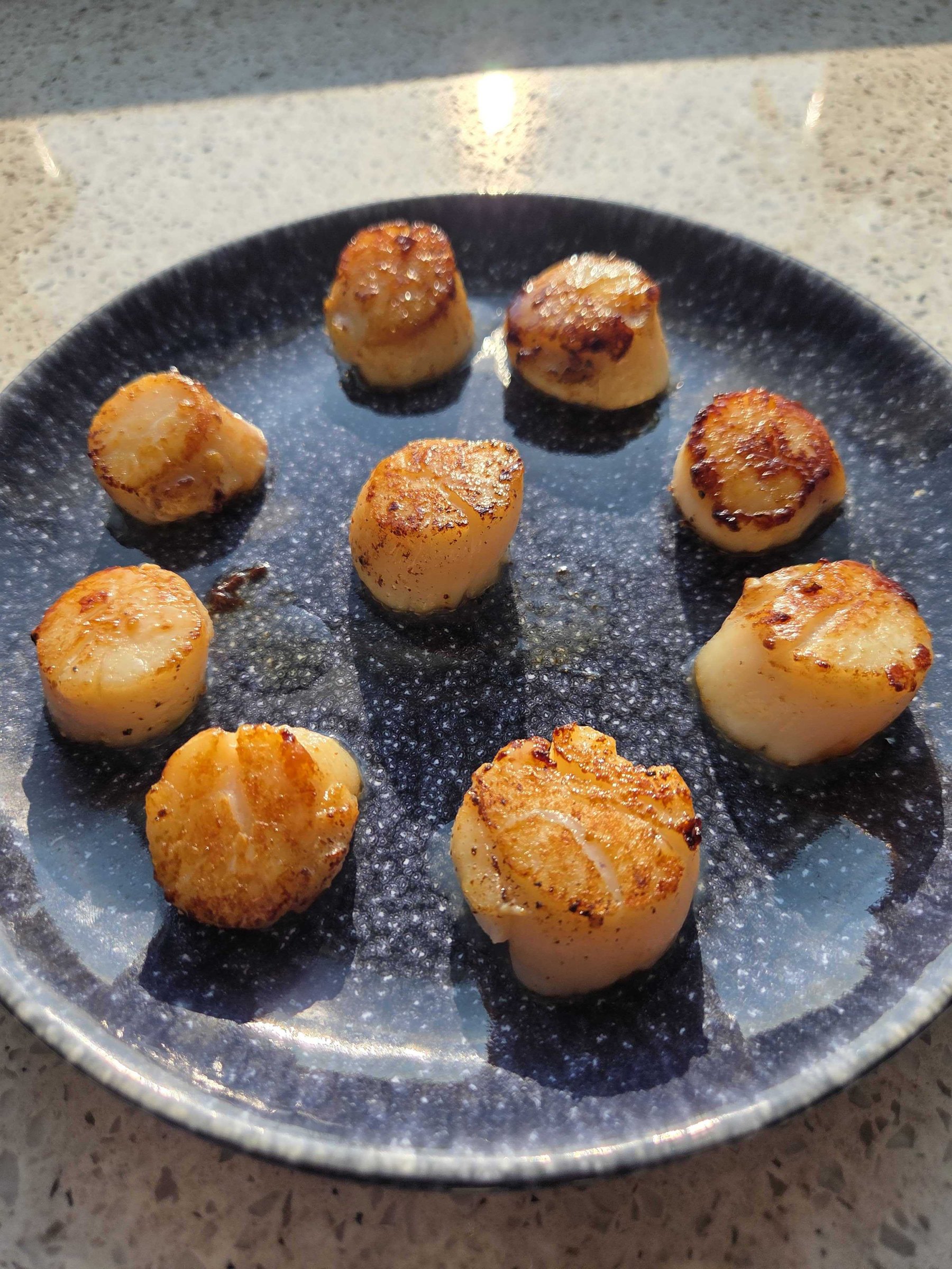 Pan-seared scallops with golden crusts on a blue speckled plate