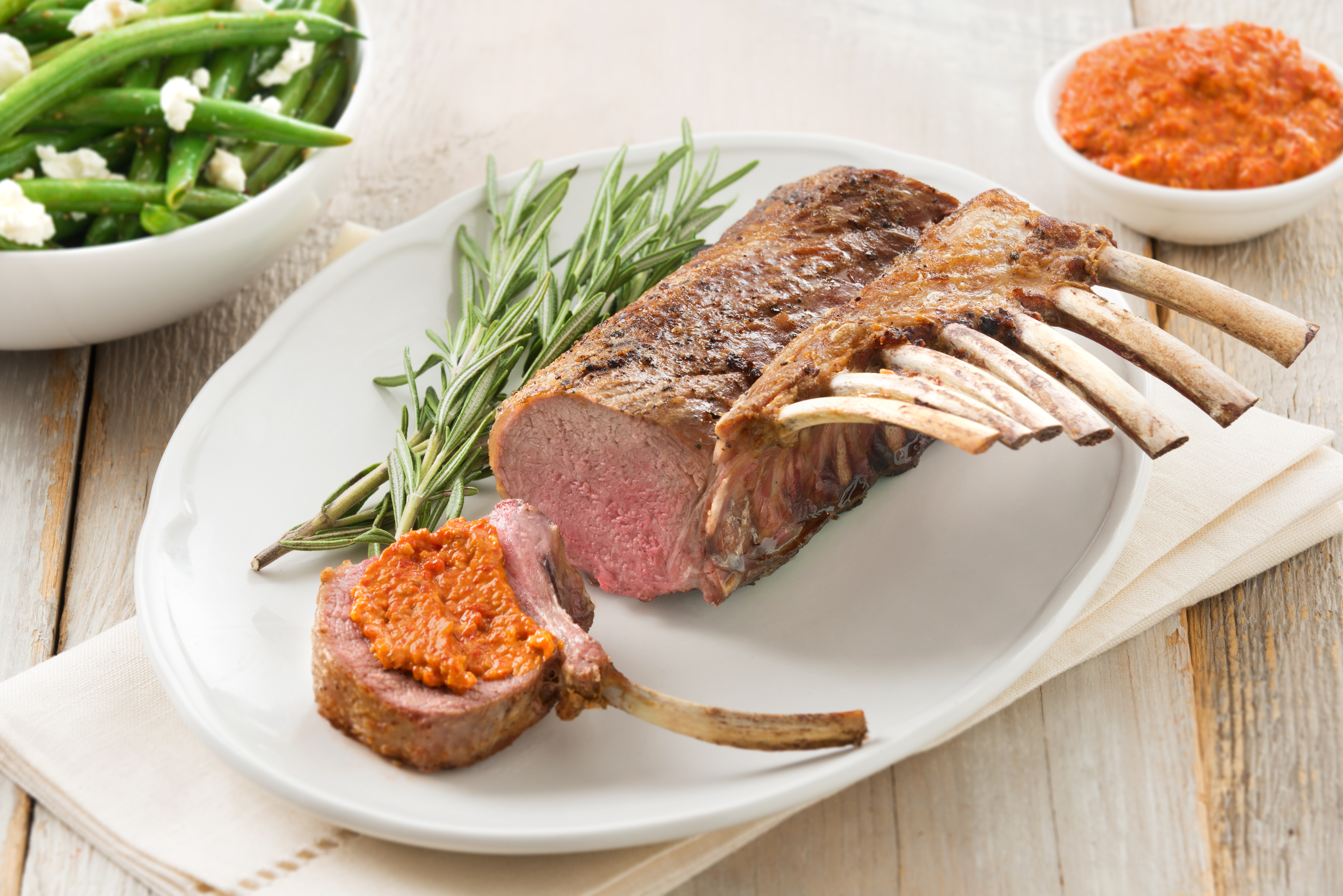 Lamb Rack with Red Pepper and Walnut Pesto
