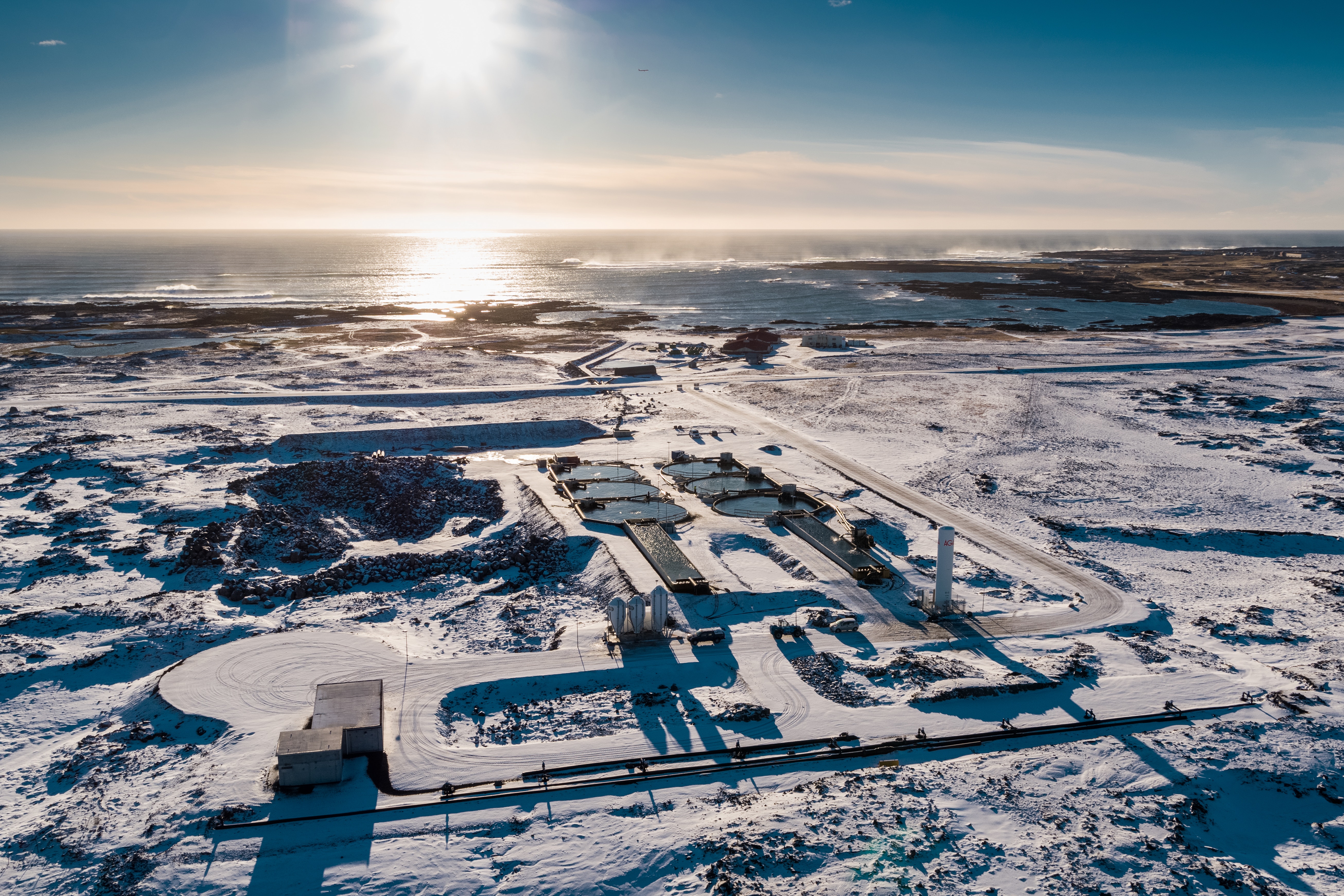 Aerial view of Matorka's land-based aquaculture tanks on the Icelandic coast in winter