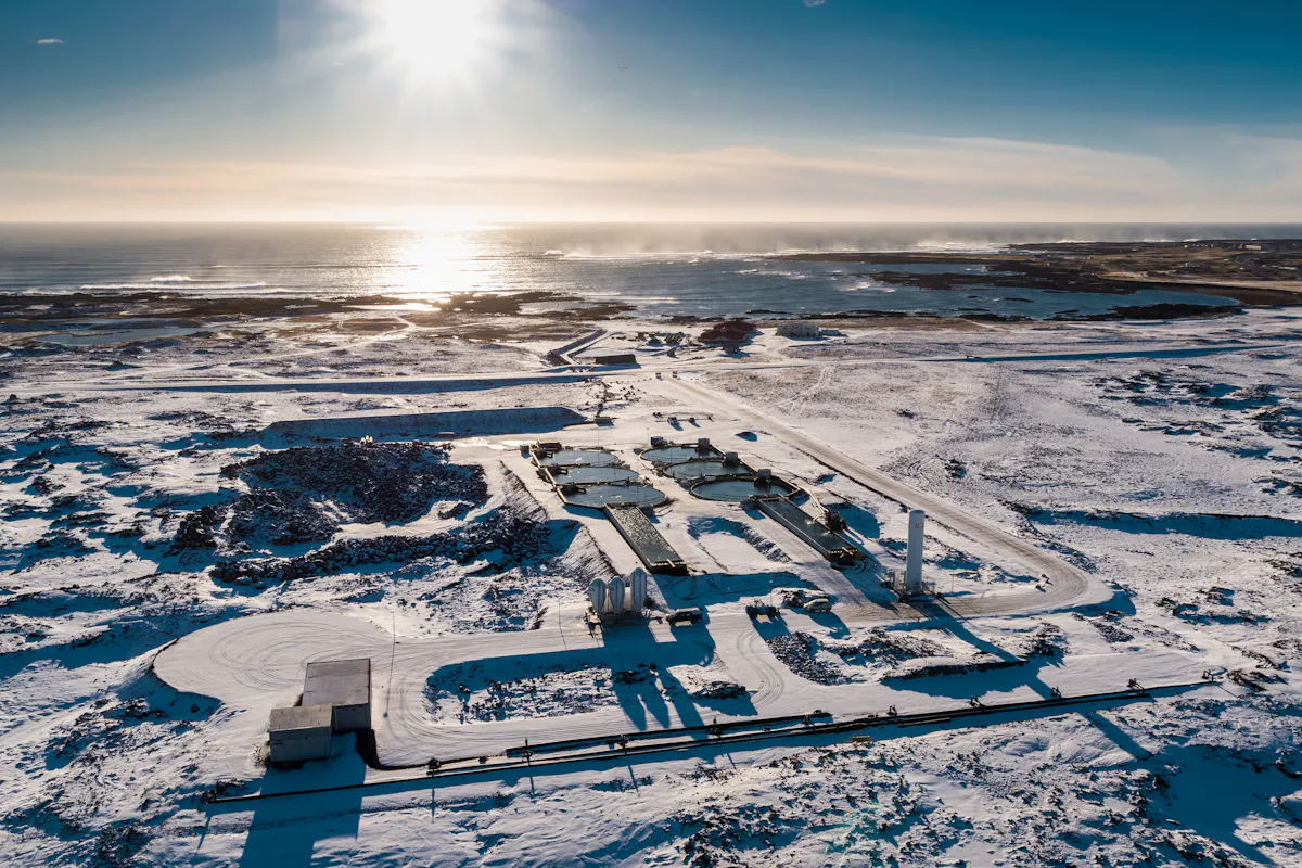 Aerial view of Matorka's land-based aquaculture tanks on the Icelandic coast in winter
