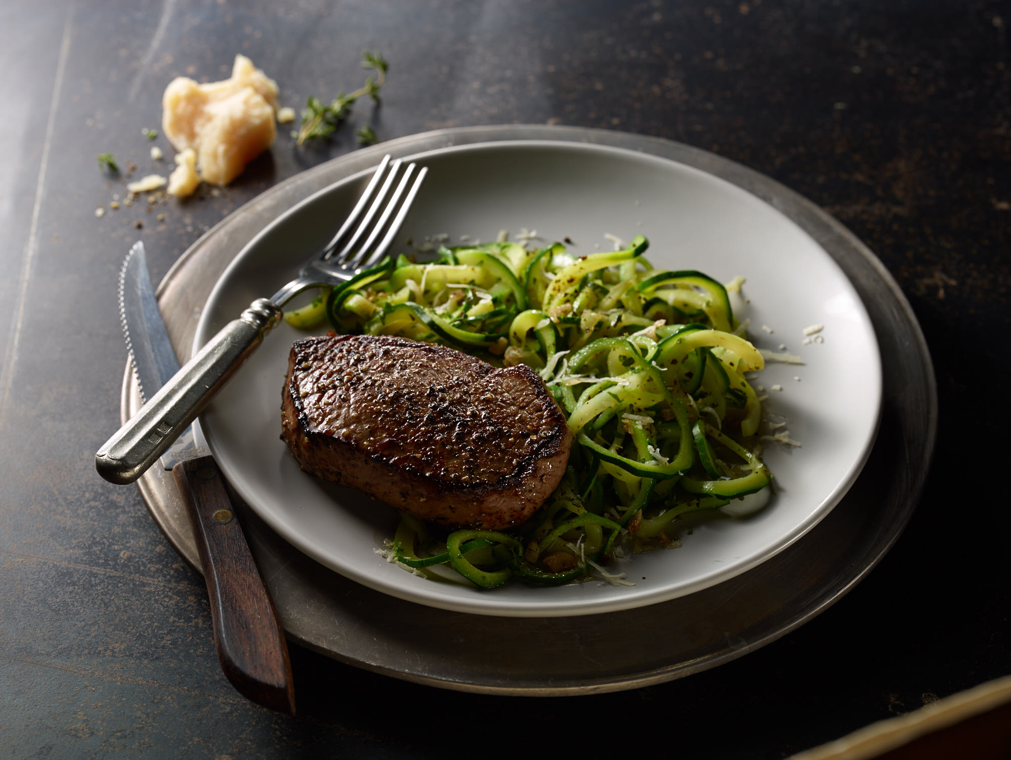 Garlic Herb Zoodles with Center Cut Sirloin Steak