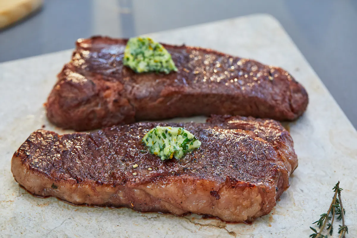 A seared New York strip steak