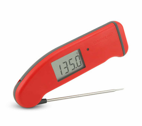 Red Thermapen Mk4 instant-read digital meat thermometer with the display reading 135.0