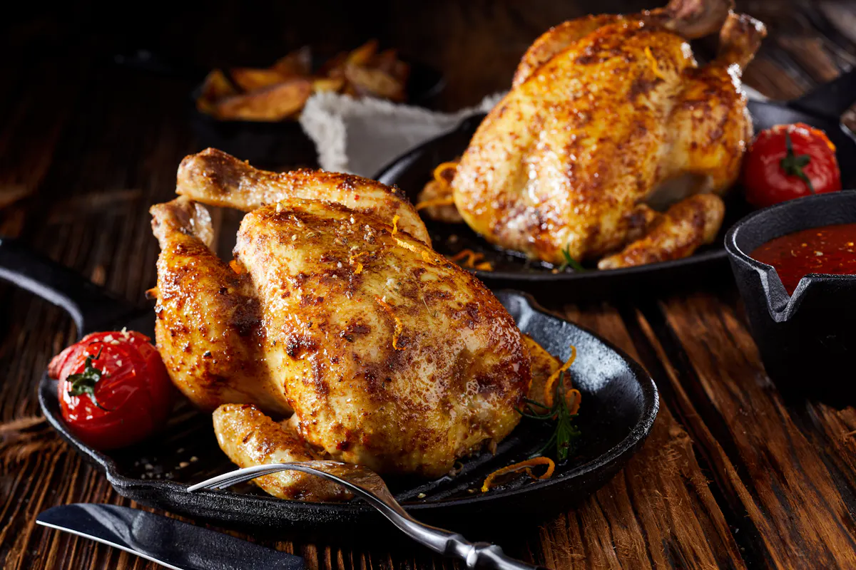 Two golden roast chickens in cast-iron skillets on dark wood