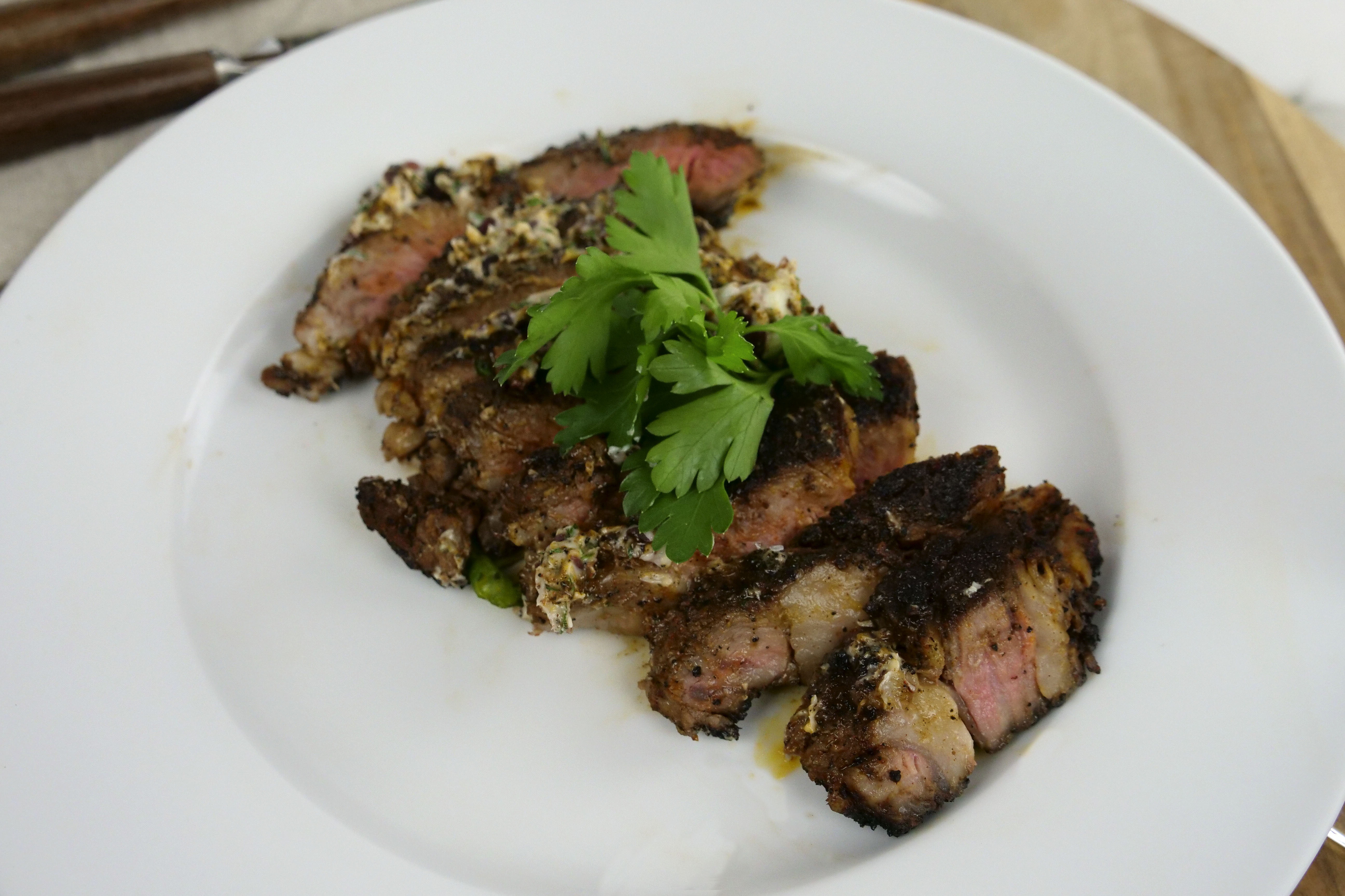 Coffee Crusted Ribeye with Red Wine Butter