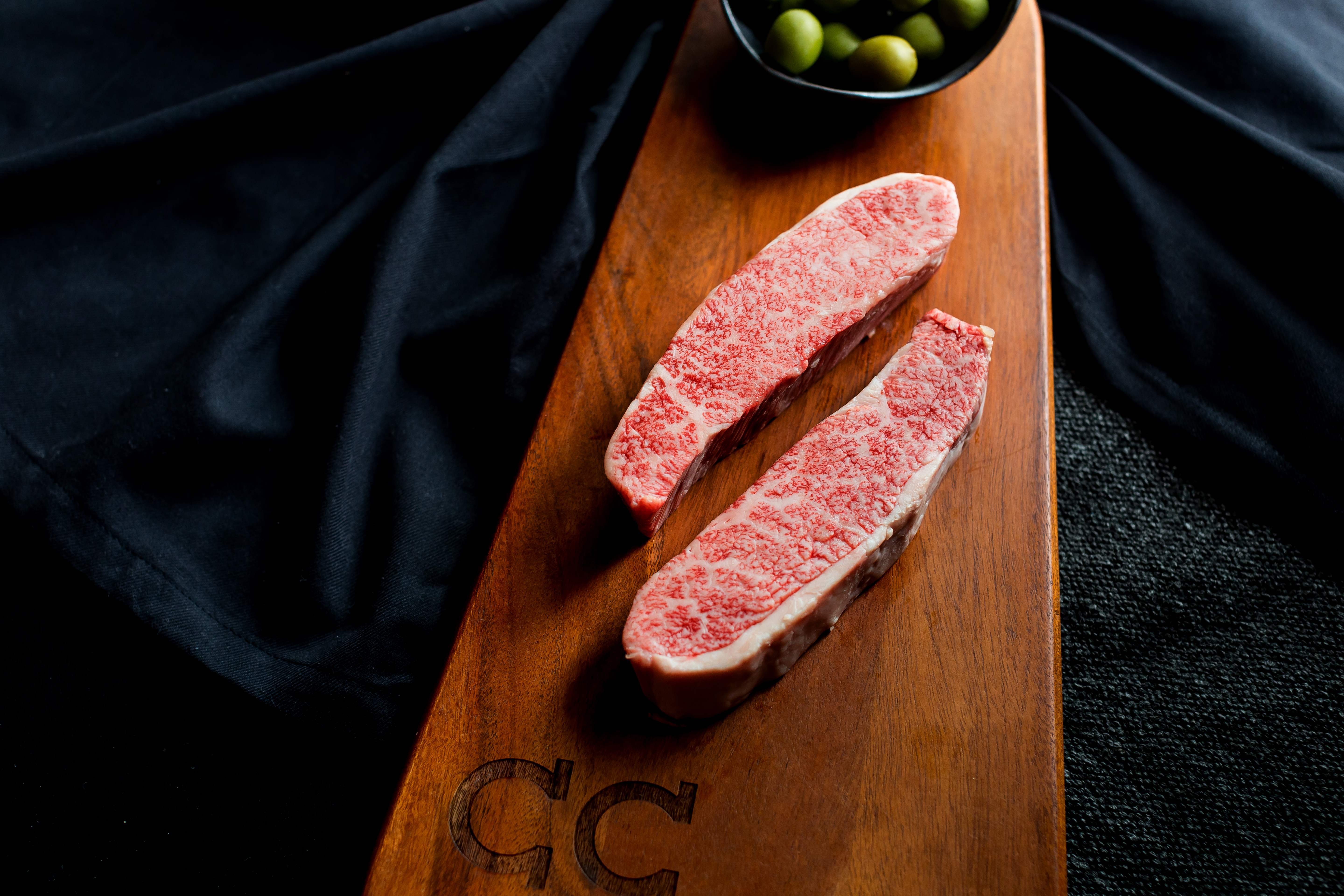 Sliced Japanese Olive Wagyu rib cap, plated