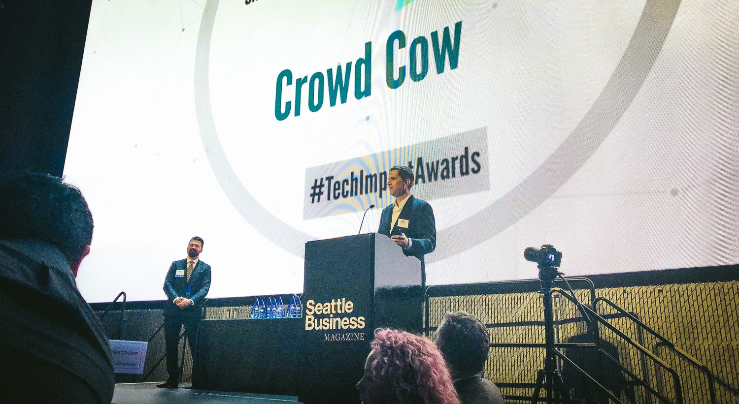 Crowd Cow's Joe Heitzeberg accepting a Tech Impact Award 2018